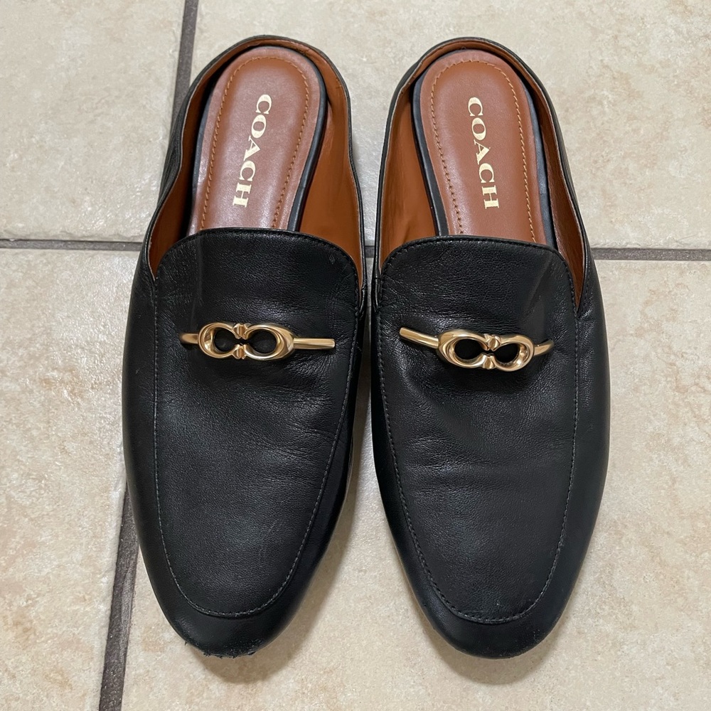 Coach Black Leather Slip-On Loafers with Gold Horsebit